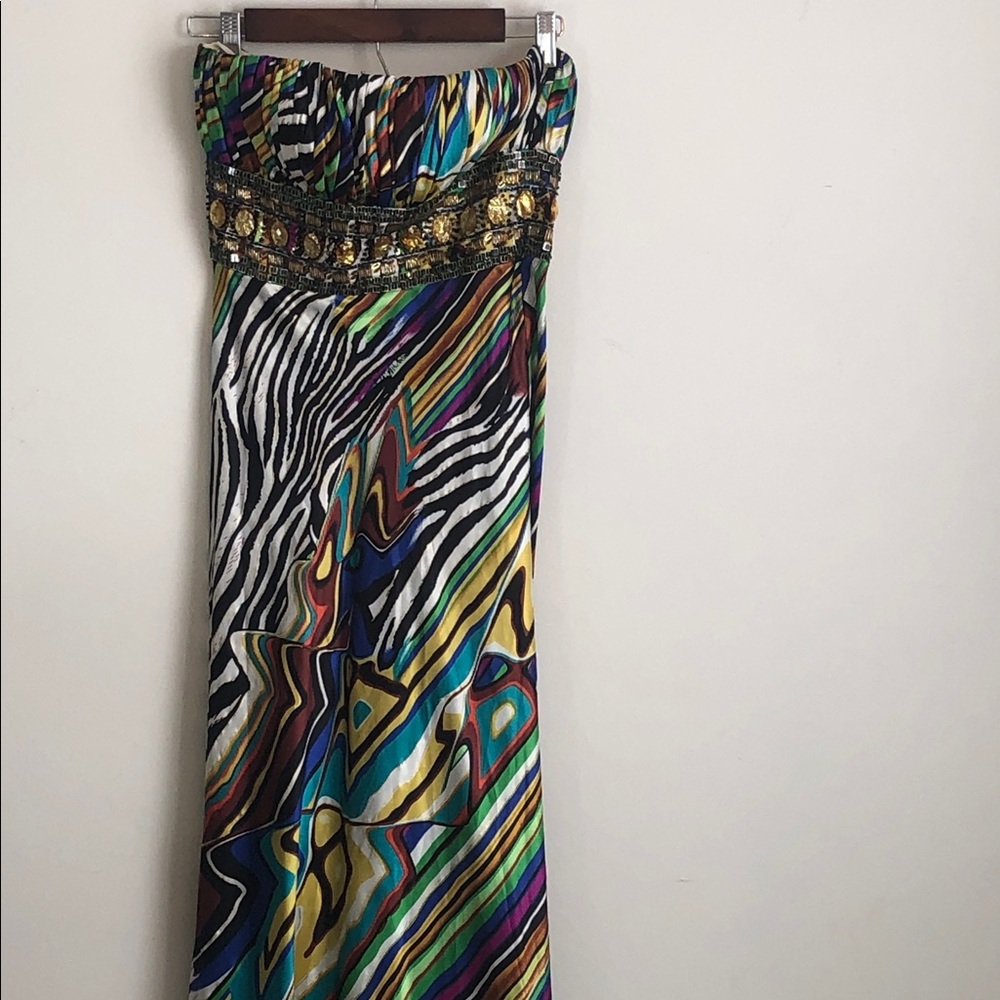 Woman’s rare Cache Strapless Multicolor Beaded Maxi Dress